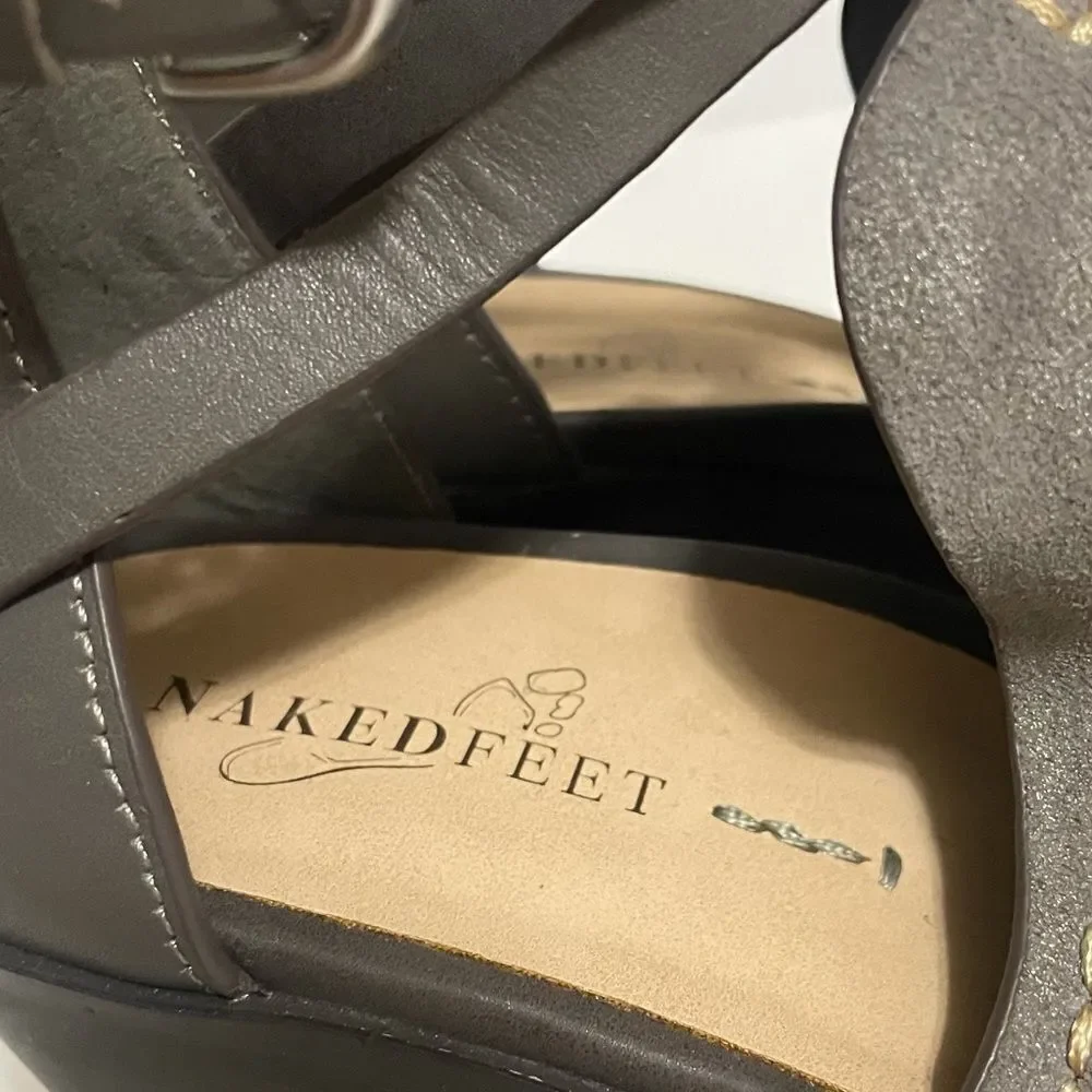 Naked Feet Crux Grey Suede and Leather Wedge Sandals size 8